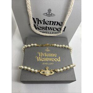 Vivienne Westwood Gold Tone Mini Bas Relief Pearl Orb Choker Necklace Bag Set